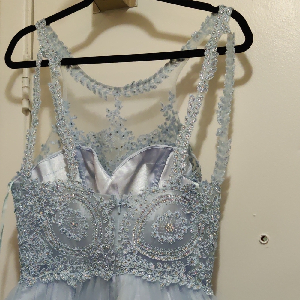 Elegant Ice Blue Lace And Rhinestone Formal Dress - Picture 6 of 10
